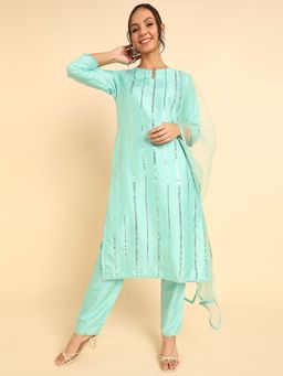 Vaamsi - Women Sea Green Poly Silk Straight Kurta Trouser with Dupatta (Set of 3)