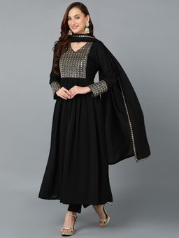 Vaamsi - Women Black Georgette Yoke Design A-Line Kurta Trouser with Dupatta (Set of 3)