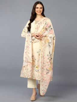 Vaamsi - Women Silk Blend Yellow Printed Straight Kurta Pant with Dupatta (Set of 3)