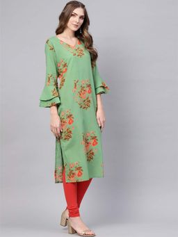 Vaamsi - Women Green Cotton Printed Straight Kurta