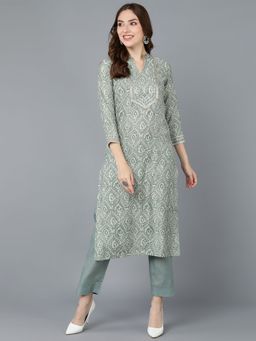 Vaamsi - Women Green Cotton Printed Straight Kurta