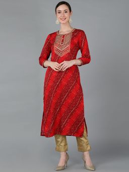 Vaamsi - Women Red Viscose Rayon Embellished Straight Kurta