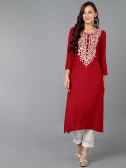 Vaamsi - Women Red Viscose Rayon Embroidered Straight Kurta