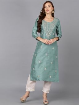 Vaamsi - Women Teal Silk Blend Embroidered Straight Kurta