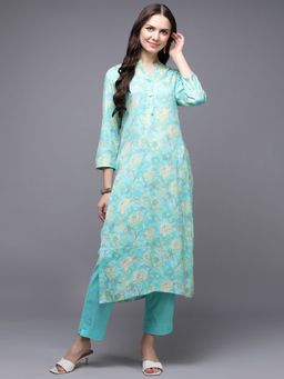 Vaamsi - Women Turquoise Viscose Rayon Floral Printed Regular Fit Kurta
