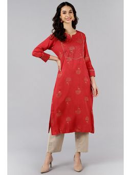 Vaamsi - Women Red Cotton Embroidered Straight Kurta