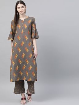 Vaamsi - Women Taupe Pure Cotton Printed Straight Kurta with Palazzo (Set of 2)