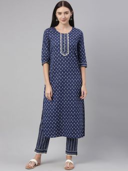 Vaamsi - Women Navy Blue Pure Cotton Printed Straight Kurta Trouser (Set of 2)