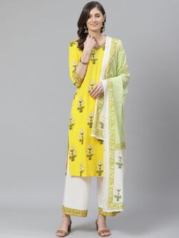 Vaamsi - Women Yellow Pure Cotton Printed Straight Kurta Palazzo with Dupatta (Set of 3)
