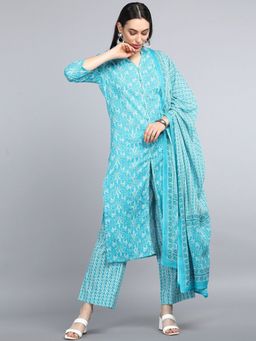 Vaamsi - Women Turquoise Ethnic Motifs Printed Kurta with Trouser Dupatta (Set of 3)
