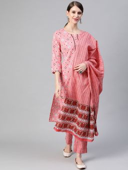 Vaamsi - Women Pink Pure Cotton Printed Straight Kurta Trouser with Dupatta (Set of 3)