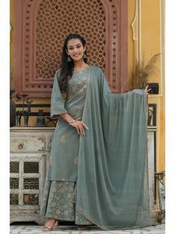 Vaamsi - Women Grey Gold-Toned Embroidered Cotton Kurta Palazzo with Dupatta (Set of 3)