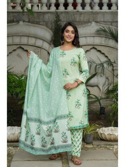 Vaamsi - Women Green Floral Printed Regular Cotton Kurta with Trouser Dupatta (Set of 3)