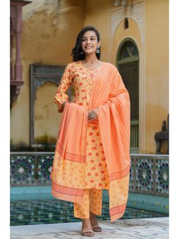 Vaamsi - Women Orange Printed Panelled Cotton Kurta with Trouser Dupatta (Set of 3)