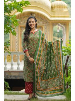 Vaamsi - Women Green Printed Regular Cotton Kurta with Trousers Dupatta (Set of 3)