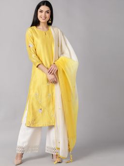 Vaamsi - Women Yellow Ethnic Motifs Embroidered Kurta with Trousers Dupatta (Set of 3)