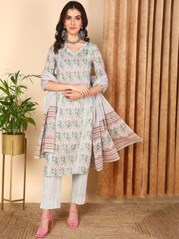 Vaamsi - Women Sea Green Cotton Printed Kurta Trouser with Dupatta (Set of 3)