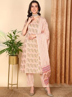 Vaamsi - Women Peach Cotton Printed Kurta Trouser with Dupatta (Set of 3)