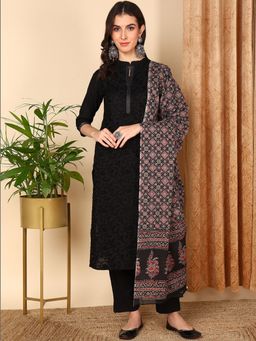 Vaamsi - Women Black Cotton Embroidered Kurta Trouser with Dupatta (Set of 3)