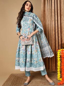 Vaamsi - Women Blue Cotton Floral Printed Kurta Trouser with Dupatta (Set of 3)