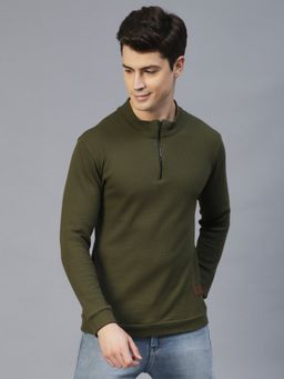 RIGO - Men Olive Henley Neck Full Sleeves Waffle Knit T-Shirt