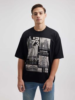 Pepe Jeans - Men Black Photographic Print Short Sleeve Oversized T-Shirt