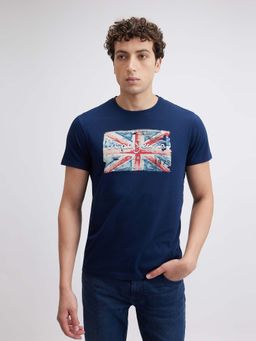 Pepe Jeans - Men Navy Blue Union Jack Print Short Sleeve T-Shirt