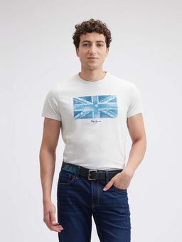 Pepe Jeans - Men Off White Union Jack Print Short Sleeve T-Shirt
