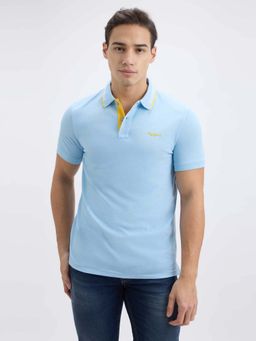 Pepe Jeans - Men Blue Ribbed Collar Short Sleeve Polo T-Shirt