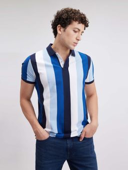 Pepe Jeans - Men Navy Blue Vertical Stripe Short Sleeve Polo T-Shirt