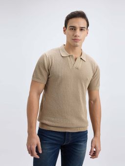 Pepe Jeans - Men Beige Johnny Neck Short Sleeve Flat Knit Polo T-Shirt