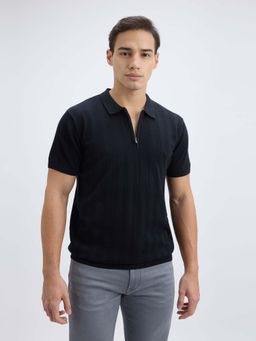 Pepe Jeans - Men Black Self Design Short Sleeve Zippered Flat Knit Polo T-Shirt