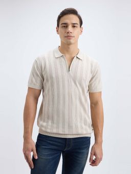 Pepe Jeans - Men Grey Self Design Short Sleeve Zippered Flat Knit Polo T-Shirt