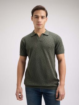Pepe Jeans - Men Green Short Sleeve Jacquard Flat Knit Polo T-Shirt
