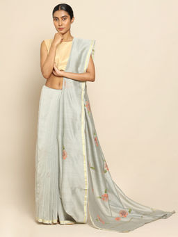 CHOWDHRAIN - Floral Bouquet In Grey Handpainted Chanderi Saree with Unstitched Blouse Piece