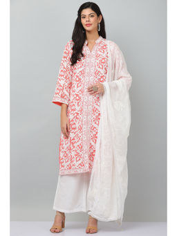 Kaanchie Nanggia - Peach Georget Embroidered Kurta & Dupatta with Pant (Set of 3)