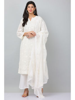 Kaanchie Nanggia - White Georget Embroidered Kurta & Dupatta with Pant (Set of 3)