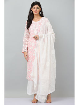Kaanchie Nanggia - Pink Georget Embroidered Kurta & Dupatta with Pant (Set of 3)