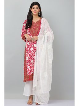 Kaanchie Nanggia - Red Georget Embroidered Kurta & Dupatta with Pant (Set of 3)