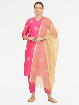 Kaanchie Nanggia - Pink Taffeta Embroidered Kurta Pant with Dupatta (Set of 3)