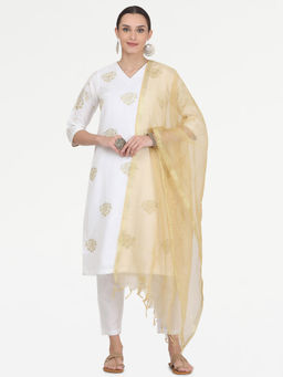 Kaanchie Nanggia - White Taffeta Embroidered Kurta Pant with Dupatta (Set of 3)