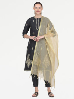 Kaanchie Nanggia - Black Taffeta Embroidered Kurta Pant with Dupatta (Set of 3)