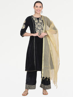 Kaanchie Nanggia - Black Embroidered Kurta Palazzo with Ch&eri Dupatta (Set of 3)