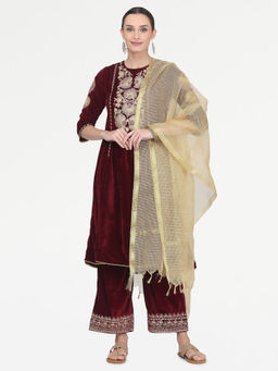 Kaanchie Nanggia - Maroon Embroidered Kurta Palazzo with Ch&eri Dupatta (Set of 3)