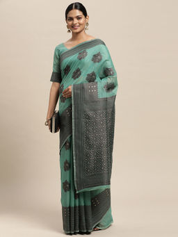 Sareemall - Womens Silk Blend Teal Green Woven Design Saree with Unstitched Blouse