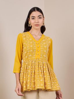 ADORNIA - Chikankari Mustard Short Kurti for Women