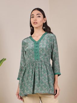 ADORNIA - Crepe Printed Green Short Kurti for Women