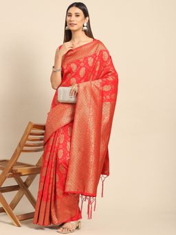 Akhilam - Womens Silk Blend Red Woven Design Designer Saree with Unstitched Blouse