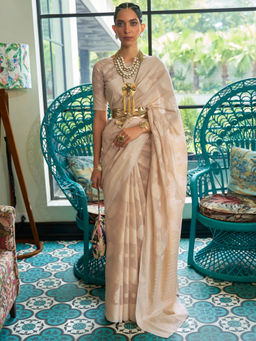 Akhilam - Womens Silk Blend Beige Chikankari Designer Saree with Unstitched Blouse