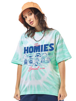 Bewakoof - Official Peanuts Women's White & Green Homies Graphic Printed Tie & Dye Oversized T-shirt